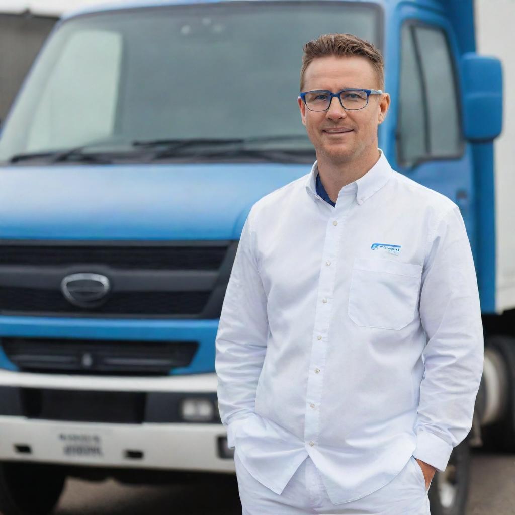 A driver in a crisp white uniform shirt, complemented by stylish blue glasses, standing in front of a sturdy APV truck.