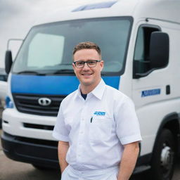 A driver in a crisp white uniform shirt, complemented by stylish blue glasses, standing in front of a sturdy APV truck.