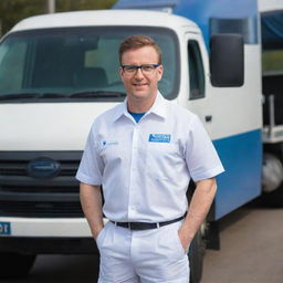 A driver in a crisp white uniform shirt, complemented by stylish blue glasses, standing in front of a sturdy APV truck.