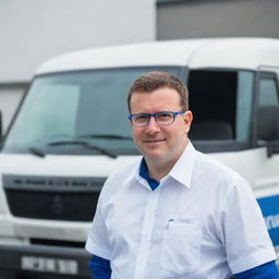 A driver in a crisp white uniform shirt, complemented by stylish blue glasses, standing in front of a sturdy APV truck.