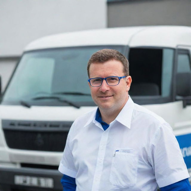 A driver in a crisp white uniform shirt, complemented by stylish blue glasses, standing in front of a sturdy APV truck.