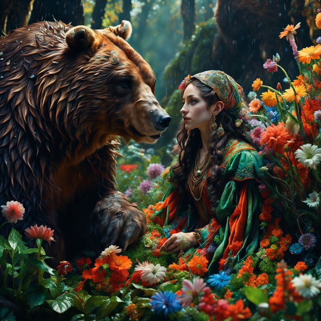 Hyper-realistic 3D Rococo-style photograph featuring a Russian elfish woman with short dark hair in a mystical forest with a wild brown bear. The image has a flower aesthetic with vibrant colours, fantasy vibes, high definition details, cinematic quality, and rainy day vibes.