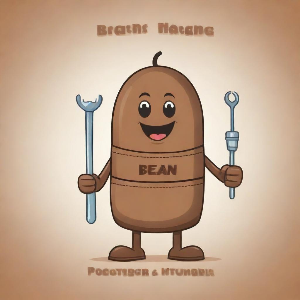 Cheerful cartoon coffee bean character dressed as a machine repair technician, holding a tool bag and screwdriver. Accompanied by a tagline saying 'Bean There, Fixed That'.