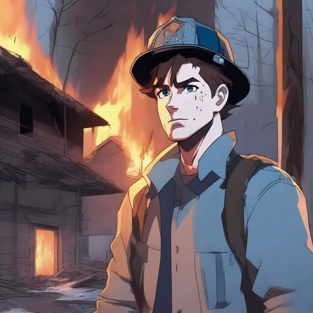 A firefighter with brown hair finding a trapped family in a burning building in the forest, calling for help