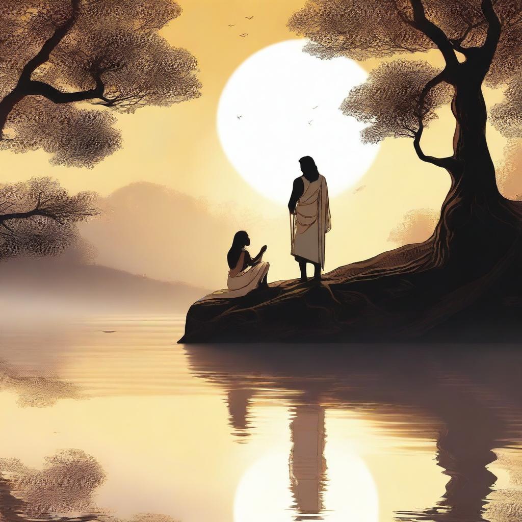 An image depicting Prince Arjuna standing at the edge of a small lake, mesmerized by Ratri who is sitting on a large rock