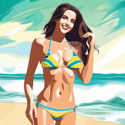 A confident woman in a stylish bikini standing on a sunny beach with waves gently crashing in the background