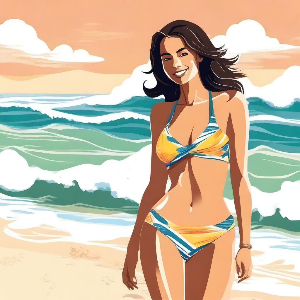 A confident woman in a stylish bikini standing on a sunny beach with waves gently crashing in the background