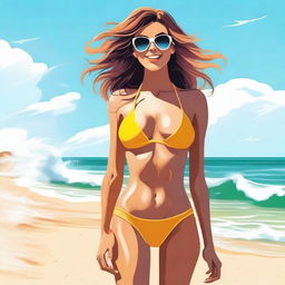 A confident woman in a stylish bikini standing on a sunny beach with waves gently crashing in the background