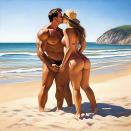 A realistic depiction of a woman in a bikini with a well-endowed figure, kissing a man on a sunny beach