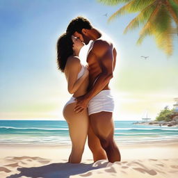 A realistic depiction of a woman in a bikini with a well-endowed figure, kissing a man on a sunny beach