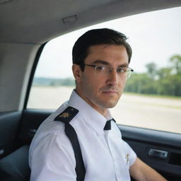 A dark-haired driver in uniform and a white shirt, wearing glasses, placed against the backdrop of an Advanced Passenger Vehicle's panel.