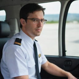 A dark-haired driver in uniform and a white shirt, wearing glasses, placed against the backdrop of an Advanced Passenger Vehicle's panel.