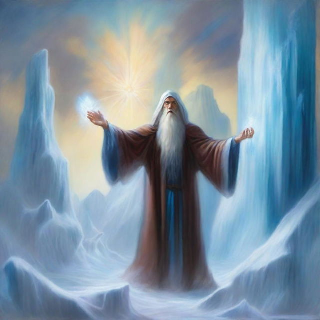 An oil painting of a powerful sorcerer conjuring a magnificent wall of ice