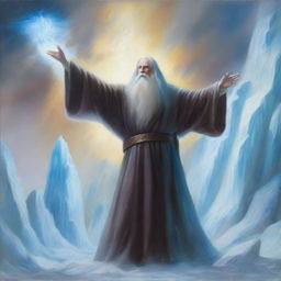 An oil painting of a powerful sorcerer conjuring a magnificent wall of ice