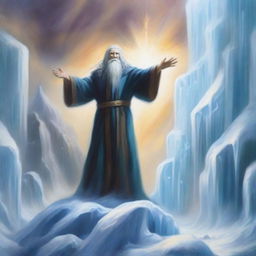 An oil painting of a powerful sorcerer conjuring a magnificent wall of ice