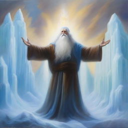 An oil painting of a powerful sorcerer conjuring a magnificent wall of ice