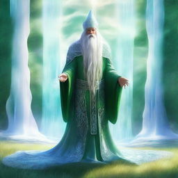 A majestic wizard clad in flowing robes stands behind a shimmering wall of ice in the middle of a lush, green grass field