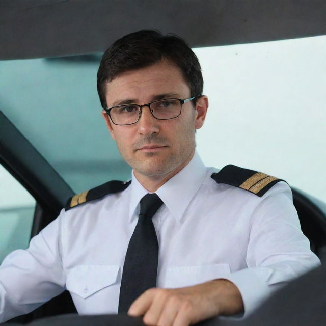 A dark-haired driver in uniform and a white shirt, wearing glasses, placed against the backdrop of an Advanced Passenger Vehicle's panel.