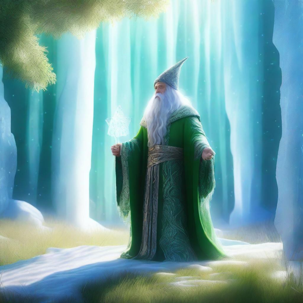 A majestic wizard clad in flowing robes stands behind a shimmering wall of ice in the middle of a lush, green grass field