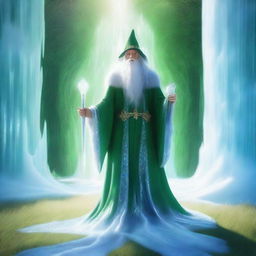 A majestic wizard clad in flowing robes stands behind a shimmering wall of ice in the middle of a lush, green grass field