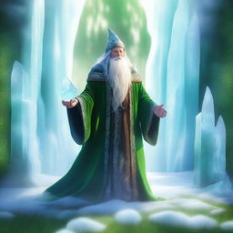 A majestic wizard clad in flowing robes stands behind a shimmering wall of ice in the middle of a lush, green grass field