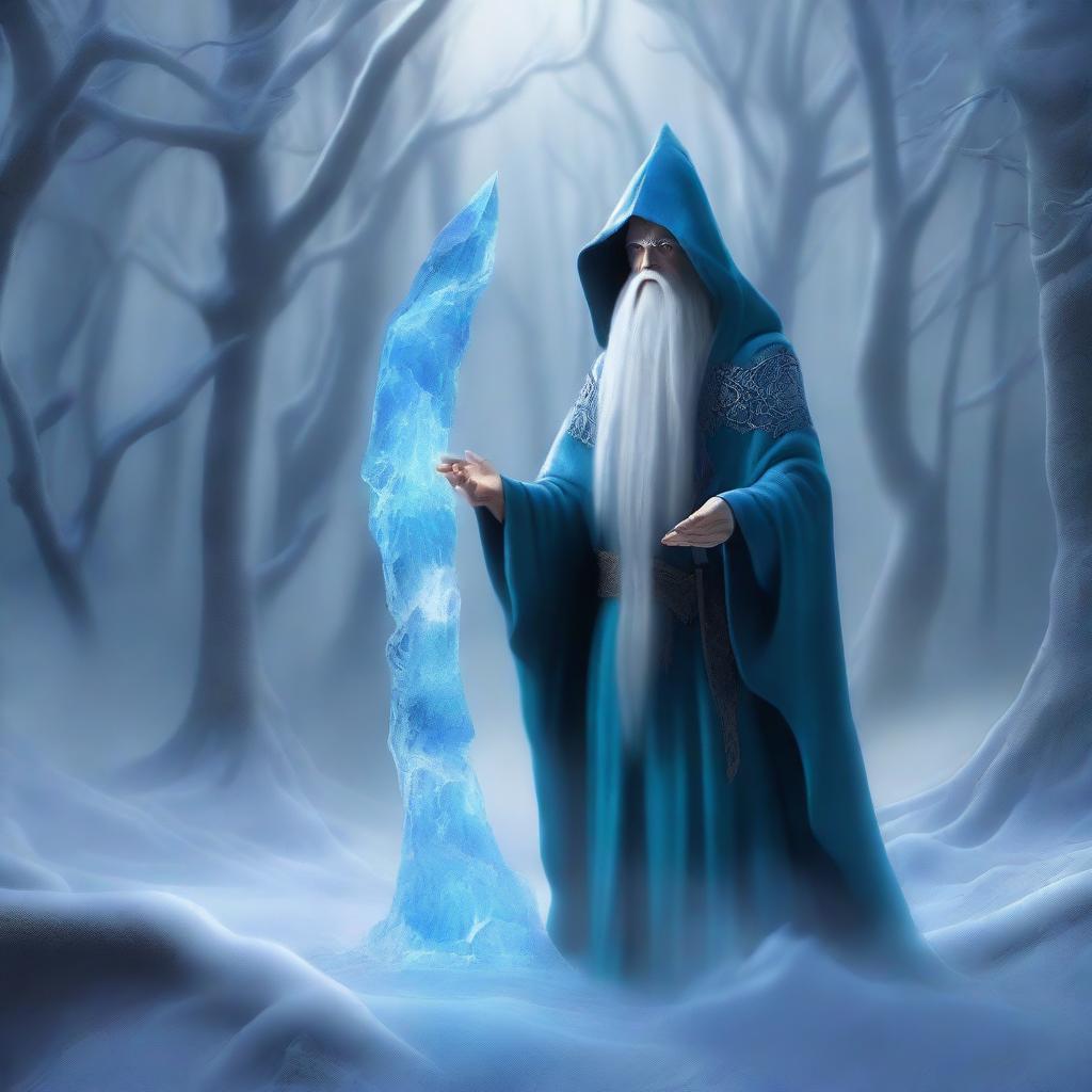 A powerful wizard stands in a mystical forest, casting a massive wall of ice to block a narrow path