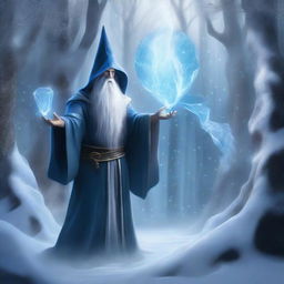 A powerful wizard stands in a mystical forest, casting a massive wall of ice to block a narrow path