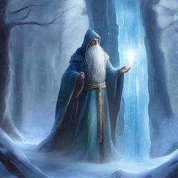 A powerful wizard stands in a mystical forest, casting a massive wall of ice to block a narrow path