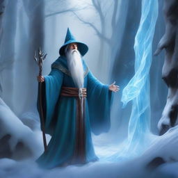 A powerful wizard stands in a mystical forest, casting a massive wall of ice to block a narrow path