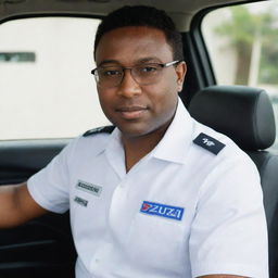 A dark-skinned Latin driver in uniform and white shirt, wearing glasses, positioned against the backdrop of a Suzuki panel vehicle's interior.