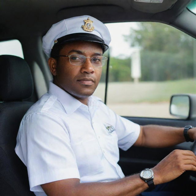 A dark-skinned Latin driver in uniform and white shirt, wearing glasses, positioned against the backdrop of a Suzuki panel vehicle's interior.