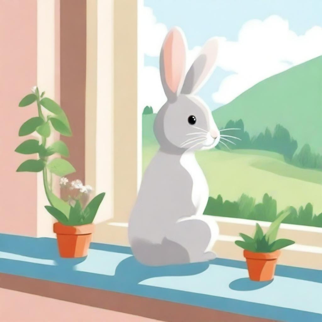 Create an illustration for the book titled 'Зайчонок сидит на окне' (The Bunny Sits on the Window)