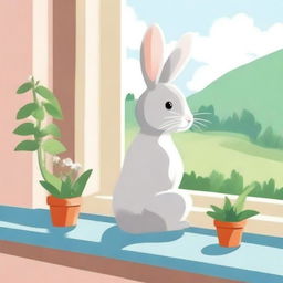 Create an illustration for the book titled 'Зайчонок сидит на окне' (The Bunny Sits on the Window)