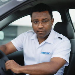 A dark-skinned Latin driver in uniform and white shirt, wearing glasses, positioned against the backdrop of a Suzuki panel vehicle's interior.