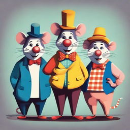 Create an image featuring three characters: a crazy person, a rat, and a clown