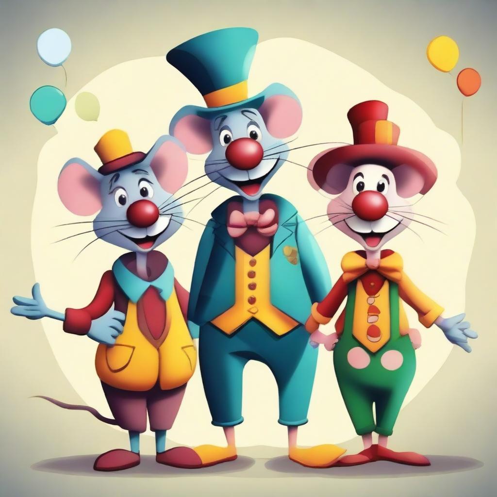 Create an image featuring three characters: a crazy person, a rat, and a clown