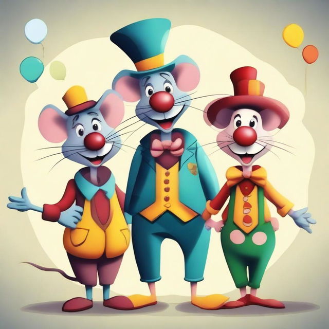 Create an image featuring three characters: a crazy person, a rat, and a clown