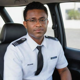 A dark-skinned Latin driver in uniform and white shirt, wearing glasses, positioned against the backdrop of a Suzuki panel vehicle's interior.