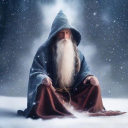 A wise and ancient wizard meditating peacefully in the midst of a fierce blizzard