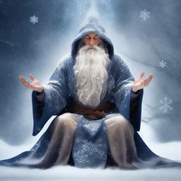 A wise and ancient wizard meditating peacefully in the midst of a fierce blizzard