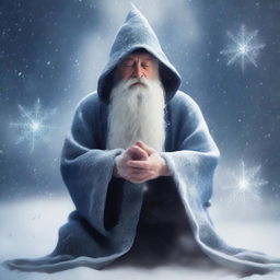 A wise and ancient wizard meditating peacefully in the midst of a fierce blizzard