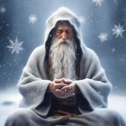 A wise and ancient wizard meditating peacefully in the midst of a fierce blizzard