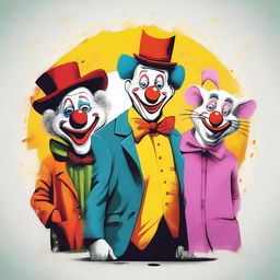 Create a movie poster featuring three protagonists: a crazy person, a clown, and a rat