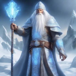 A powerful wizard wearing intricately designed armor made entirely of ice