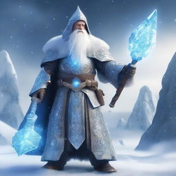 A powerful wizard wearing intricately designed armor made entirely of ice