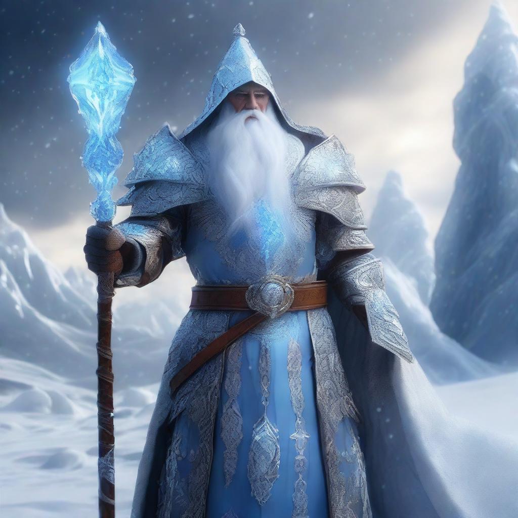 A powerful wizard wearing intricately designed armor made entirely of ice