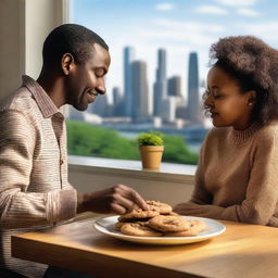 A cozy kitchen scene with a plate of freshly baked chocolate chip cookies prominently displayed in the foreground