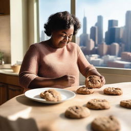 A cozy kitchen scene with a plate of freshly baked chocolate chip cookies prominently displayed in the foreground