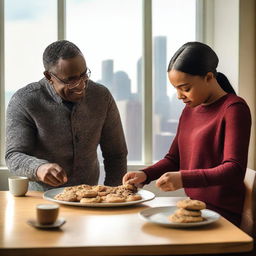 A cozy kitchen scene with a plate of freshly baked chocolate chip cookies prominently displayed in the foreground