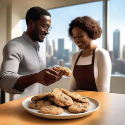 A cozy kitchen scene with a plate of freshly baked chocolate chip cookies prominently displayed in the foreground